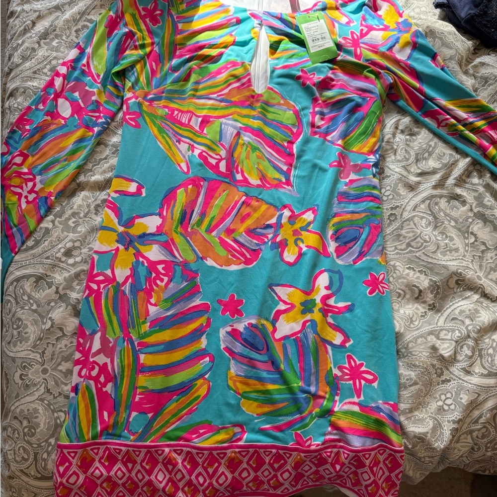 Lilly Pulitzer Turquoise Pink Yellow Green Floral Long-Sleeve Shift Dress